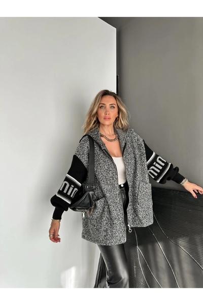 QİMYA BUTİK ROBİN Γυναικείο πλεκτό με γραμμένα μανίκια K με κουκούλα Μακρύ στ...