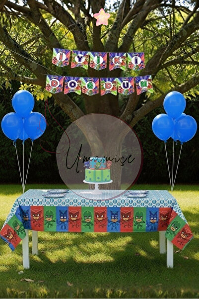 Umamiçe مجموعة حفلات صغيرة من Pijamaskeliler - مفرش طاولة + لافتة + 10 بالونا...