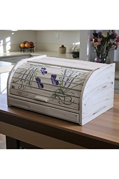 Decoratiuni Vintage Casa Retro Classic bread box, Butterflies and Lavender, hand-painted, without chopper, 39 cm* 18 cm * 27 cm