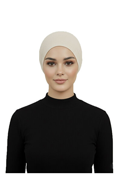 elysianfidan Luxury Pleated Beige Ready-To-Wear Turban Hijab with Chiffon Flower Detail on the Back