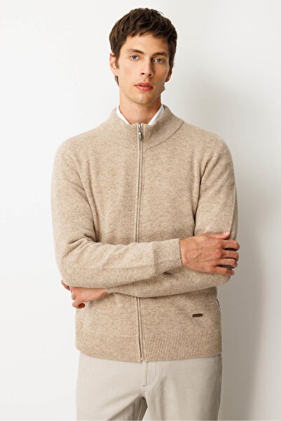 Desen Triko Men's Mock Neck Basic Wool Knitwear Coat Dark Beige