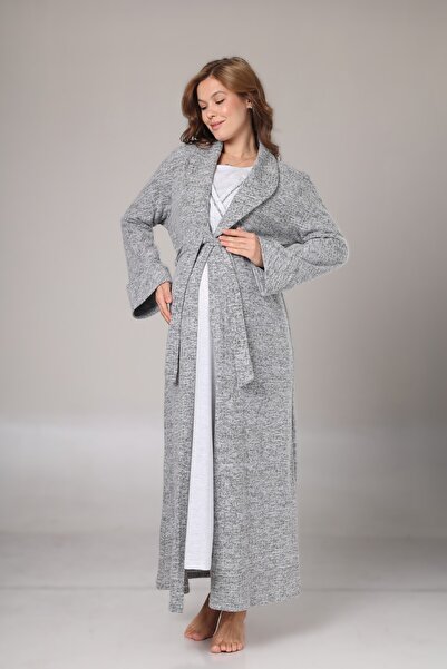 Pelin Women's Gray Shawl Collar Lace Detailed Maternity Nightgown Dressing Gown Set