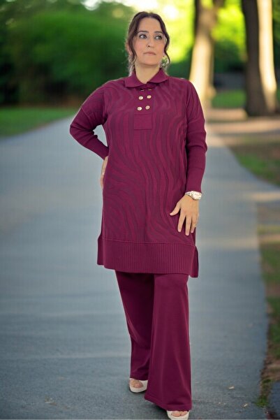 yagmurberen Gold Button Detail Polo Neck Tunic Elastic Waist Pants Plus Size Mercherized Suit