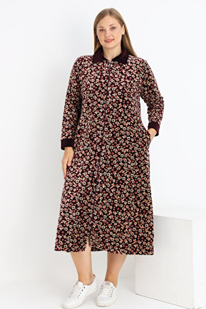 İntensive Women's Plus Size Floral Print Cotton Velvet Zipper Pocket Dress