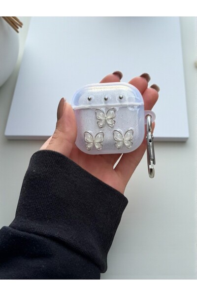 KVK PRİVACY AirPods 4Th Generation Compatible Glittery 3D Pearl Butterfly, Earphone Case with Keychain