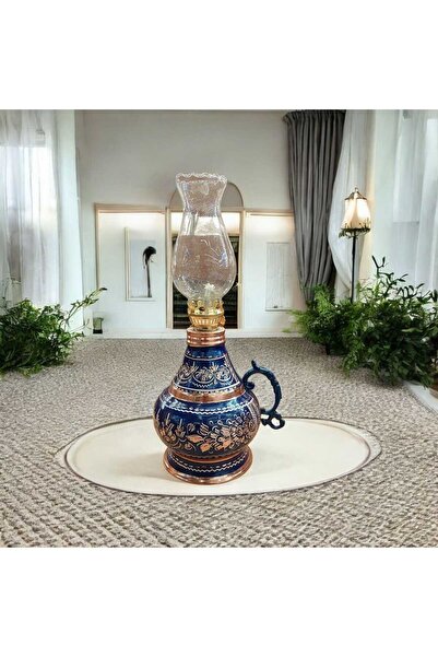 Bakır Center Bakır Gaz Lambası 26*10 CM Orta Boy Gece Lambası Tamamen El İşlemeli Renkli Bakır Kulplu Fitilli