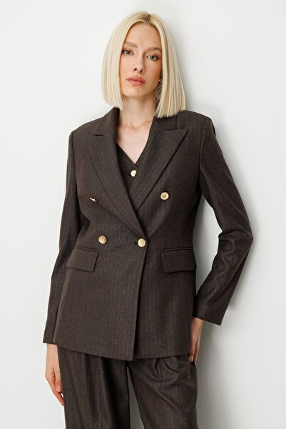 Ekol Kruvaze Yaka Çizgi Desenli Ceket Kahve 5107-26k