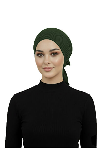 elysianfidan Luxury Pleated Khaki Ready-To-Wear Turban Hijab with Chiffon Floral Detail on the Back
