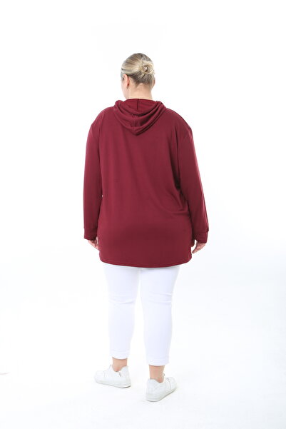 XL Modam Women Stretch Fabric Hooded Stone Printed Burgundy Plus Size Cardigan