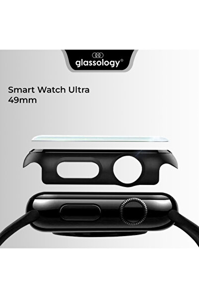 Glassology Black Case with Tempered Glass Screen Protector for Apple Watch 49mm