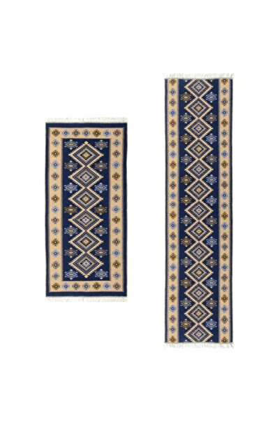 OEM 1+1 Traditional Rugs 80x125cm + 60x90cm Blue and Cream, ROMB Pattern