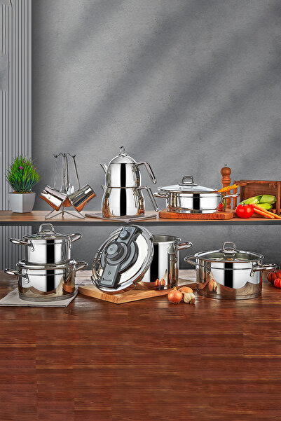 PoloChef Ambiance 18 Piece Steel Dowry Set (with Whistle, Deep Pot, Stew Pot, Teapot and Coffee Pot Set)