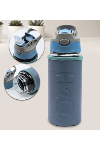 Tohana H2O Glass Flask with Leather Cover and Straw 500 ml