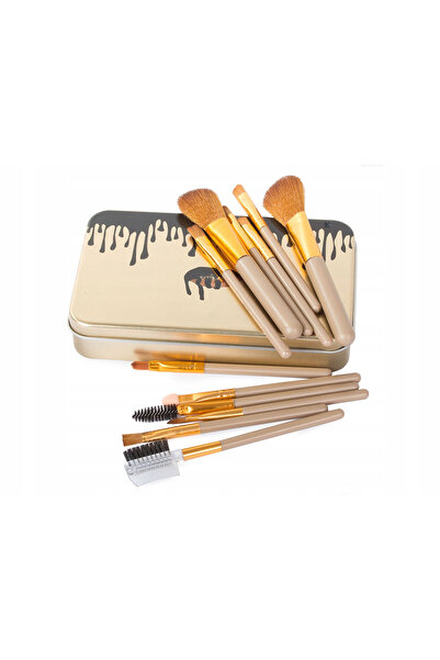 Ubix Set of 12 makeup brushes, brown shades, metal storage box, 15.5x9.5 cm