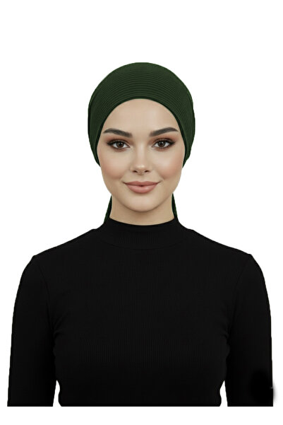 elysianfidan Luxury Pleated Khaki Ready-To-Wear Turban Hijab with Chiffon Floral Detail on the Back