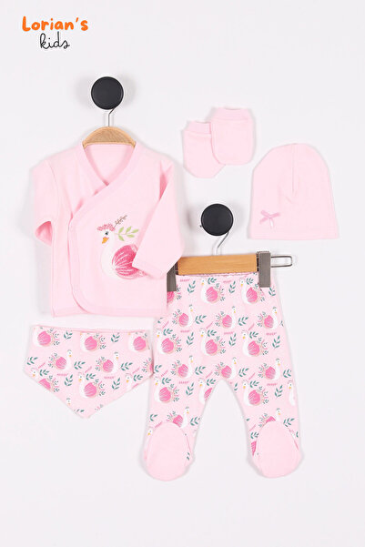 LORIAN'S Doğal Pamuklu Yeni Doğan Kuğu Nakışlı Patikli Bebek 5'li Zıbın Takım...