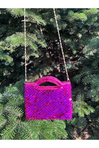 EL YAPIMI Mini Fuşya Pullu Çanta