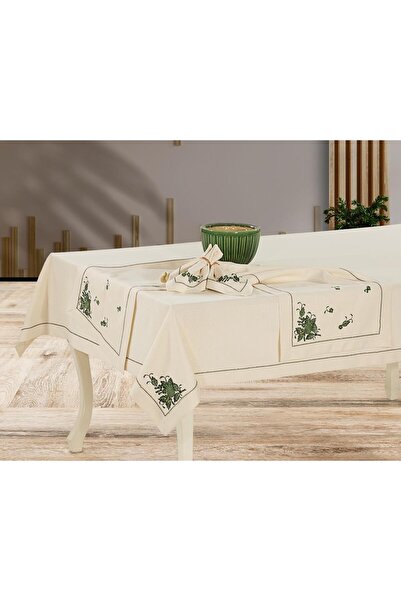 OIKA HOME: PRİMAVERA 26 PARÇA 12 KİŞİLİK YEMEK MASASI TAKIMI-NAKIŞLI KETEN DERTSİZ KUMAŞ