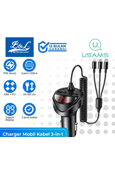 1way شاحن سيارة بمنفذي USB بقوة 3.4 أمبير مع كابل زنبركي 3 في 1