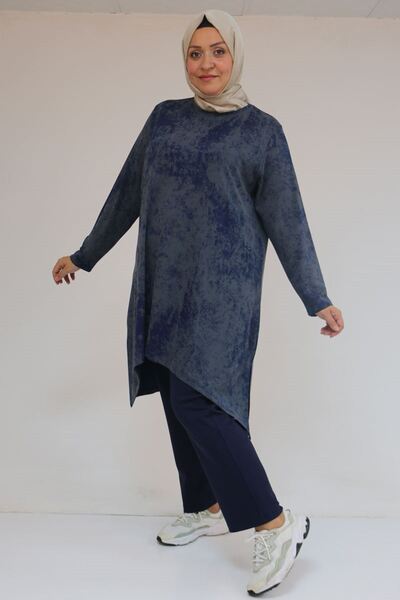 Eslina 57070 Plus Size Front Symmetry Cut Tie-Dye Trouser Suit - Navy Blue