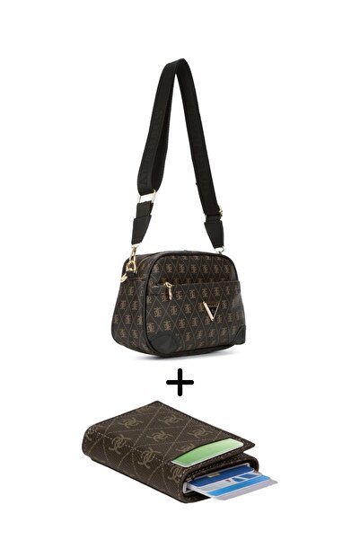 Eliza Monogram Patterned Long Strap Crossbody Bag and Mechanized Wallet Card Holder - Brown - Brown