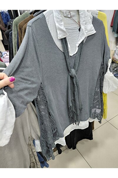 Tuana Otantik Casual Knitwear Set with Built-In Shirt and Lace Detail