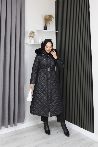 OKTAYUSTA COLLECTİON Γυναικείο καθημερινό μακρύ παλτό με καπιτονέ επένδυση, με κορδόνι, μαύρο