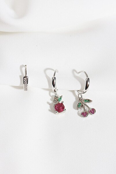 LA PERRY ACCESSORIES 3 قطع من أقراط الزركون الفضية على شكل الكرز