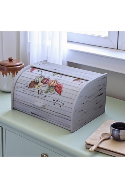 Decoratiuni Vintage Casa Retro Classic bread box, white with pumpkins, hand-painted, without chopper, 39 cm* 18 cm * 27 cm