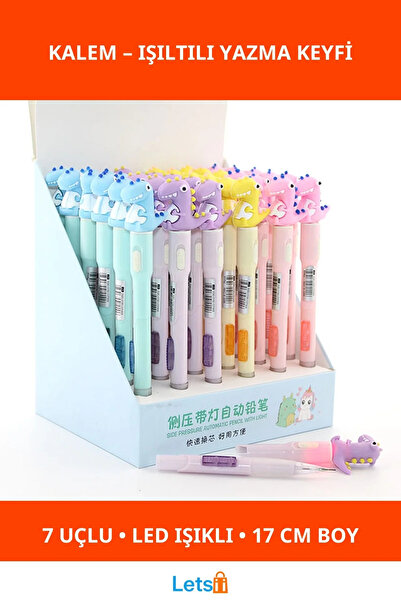 Letsii 07 Uçlu LED Işıklı Dinazor Tasarımlı Eğlenceli Kalem