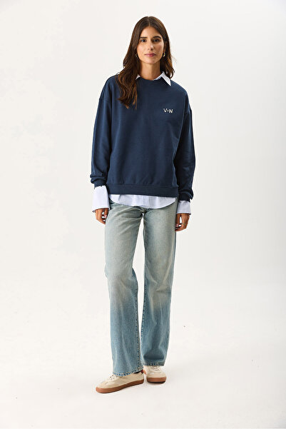 VENA Women's Good Wibes Printed Sweatshirt 100% Cotton - Navy Blue