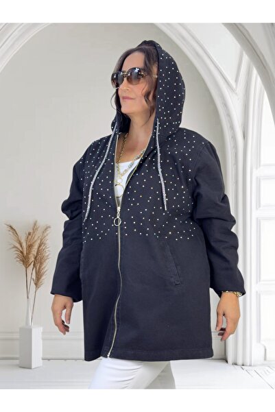 yagmurberen Hooded Denim Jeans Jacket in Extra Battal Large Size with Stone Embellishment Detail.