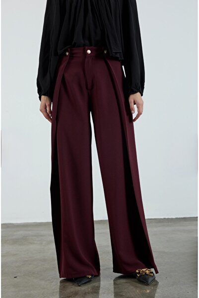 LUMERA BY TUĞBA KARADAĞ Şık Geniş Paça Pantolon | Mürdüm & Siyah | Modern Stil