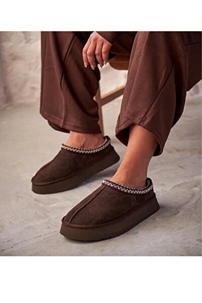 w white stars sports & wear Kadın Tüylü Ultra Mini Boy İçi Kürklü Kalın Tabanlı Sabo Sweet Kahve Süet