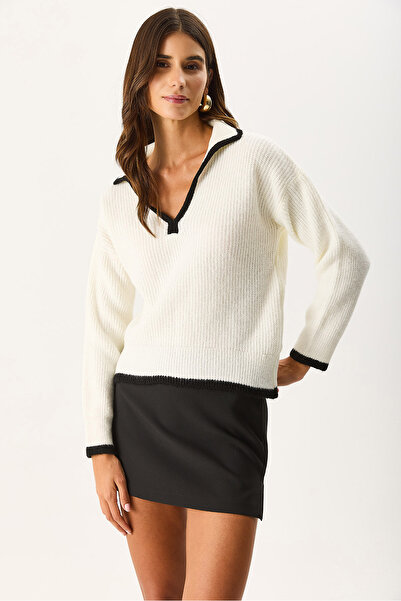 VENA Women's Collar Contrast Color Knitwear - Bone - Black Striped