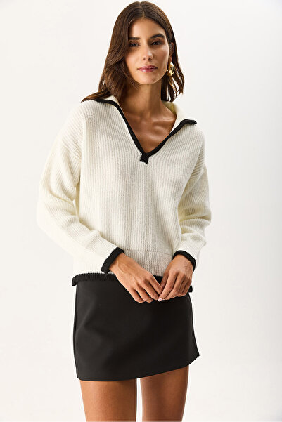 VENA Women's Collar Contrast Color Knitwear - Bone - Black Striped