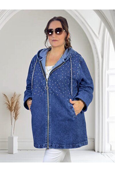 yagmurberen Hooded Denim Jeans Jacket in Extra Battal Large Size with Stone Embellishment Detail.