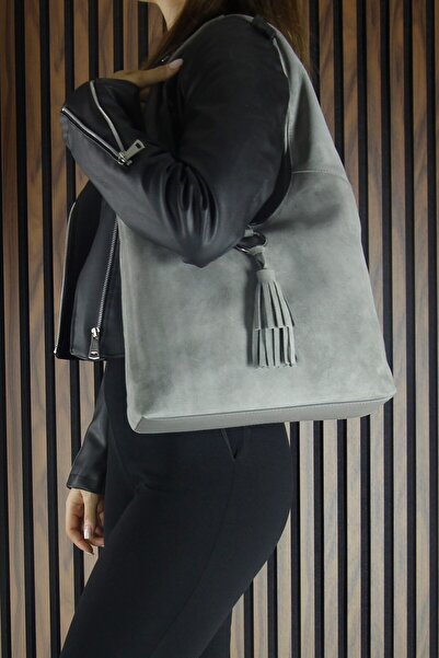 Erkan Saçmacı Gray Genuine Calf Suede Tasseled Magnetic Closure Medium Size Daily Shoulder Bag