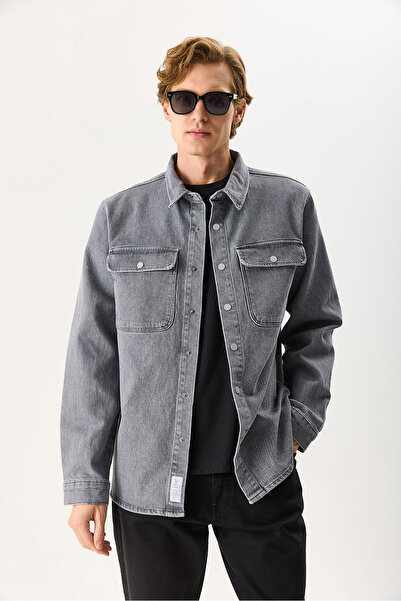 VENA Men's Jason Oversized Gray Jean Shirt Jacket - Gray