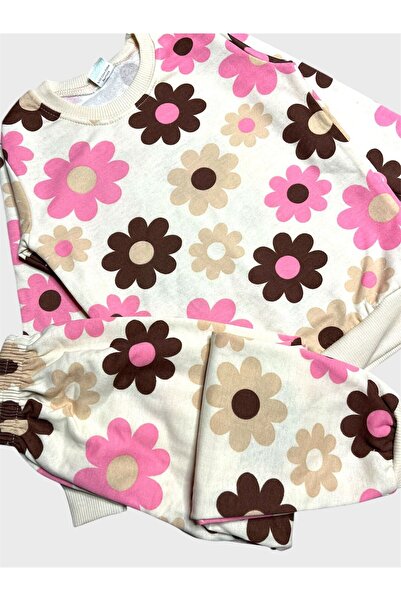 ALİŞ KİDS Set de pijamale de iarnă pentru fetiță, din bumbac, cu căptușeală din fleece culori crem, cu model de margarete, cu mâneci lungi