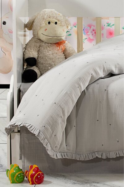 Manora 100% Organic Cotton Muslin Gray Space Embroidered Baby Bedding Set – 4...
