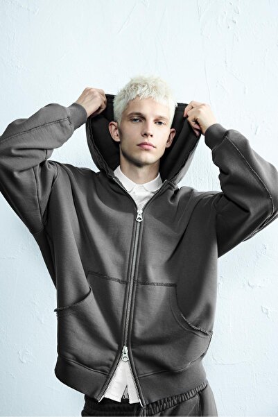 Pull & Bear Yıkanmış fermuarlı kapüşonlu sweatshirt