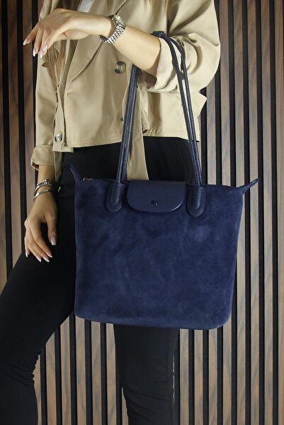 Erkan Saçmacı Navy Blue Genuine Cowhide Suede Zippered Magnetic Closure Large Size Daily Shoulder Bag