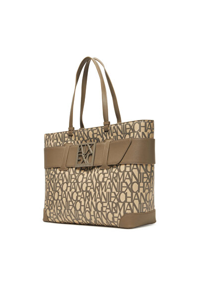 Armani Exchange Women's Brand Logo Belt Detail Zipper Closure Detachable and Adjustable Strap Beige Shoulder Bag