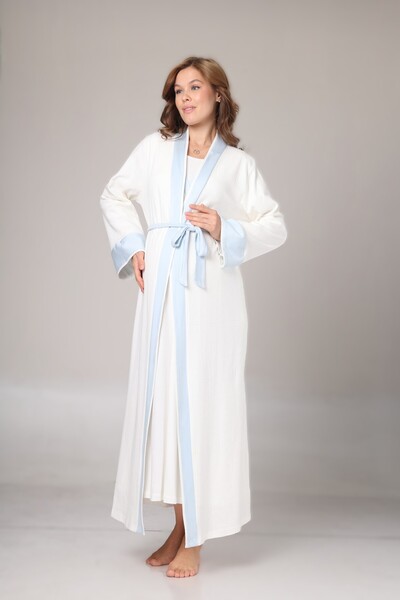Pelin Women's Ecru Double-Breasted Collar Maternity Nightgown Dressing Gown Set