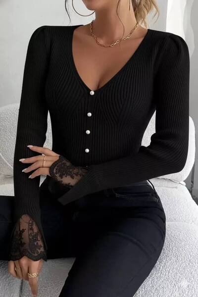 Genel Markalar Kol Güpür Detaylı V Yaka Triko Bluz