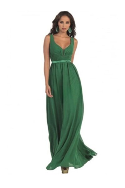 France Mode Long green evening dress in cloisonné veil with bare back