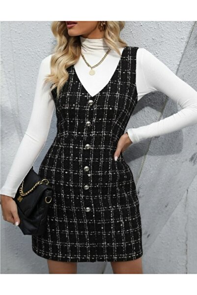 SİNGBADA V Yaka Tüvit Dokulu Ekose Desen Mini Elbise