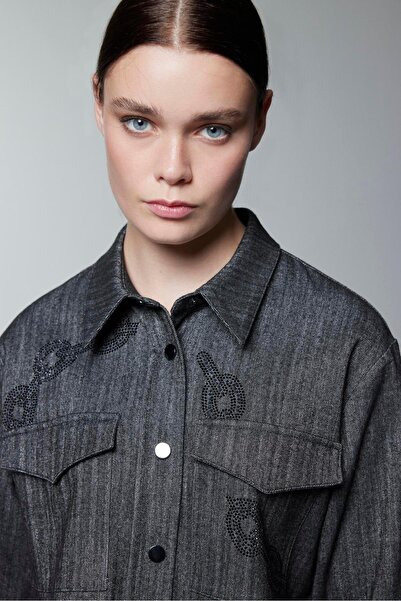 Zühre Patterned Pocket Detailed Black Shirt G-0117