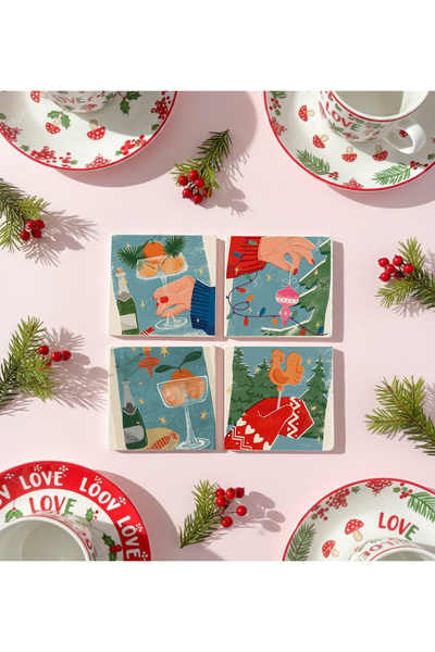 arslart New Year Celebration Themed Natural Stone Coasters, with Champagne an...